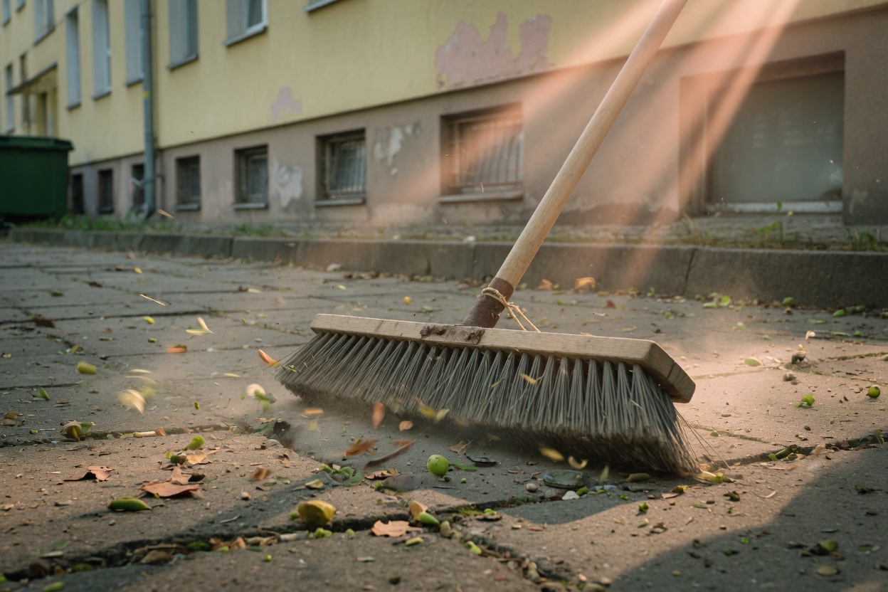 Besen kehrt Laub vom Gehweg vor einem Wohngebäude — Hausmeisterservice von Fiolent