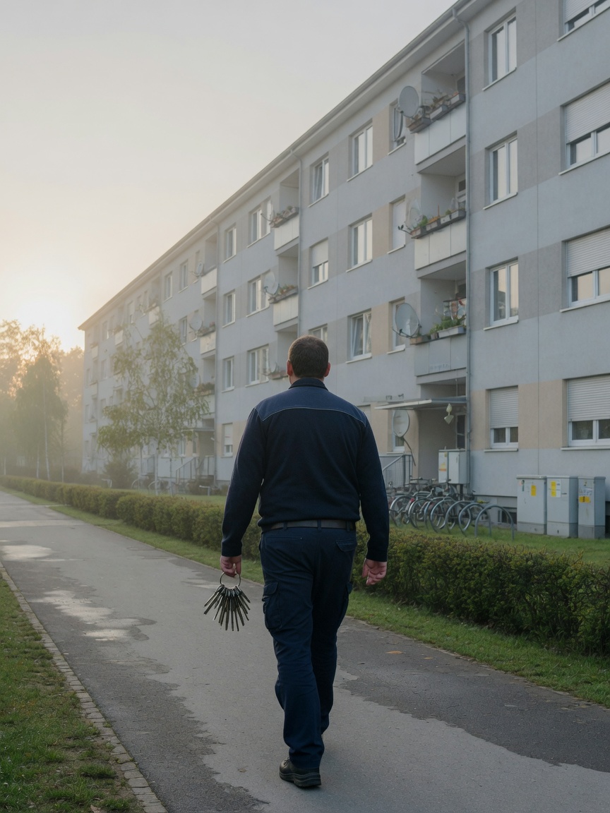 Fiolent-Objektbetreuer mit Schlüsselbund beim Rundgang an einem Mehrfamilienhaus